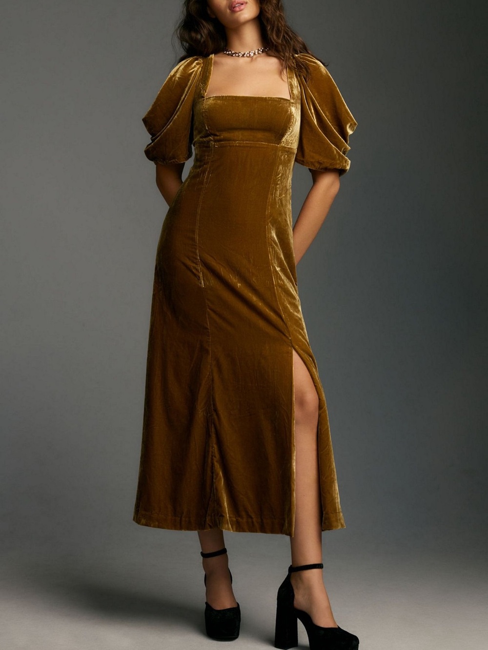 Anthropologie Olive-Gold Velvet Midi Dress with Puff Sleeves